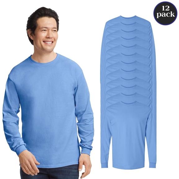 Gildan Ultra Cotton Long Sleeve Carolina Blue T-Shirt, Men Everyday Comfort Casual Tee, 12-Pack, S