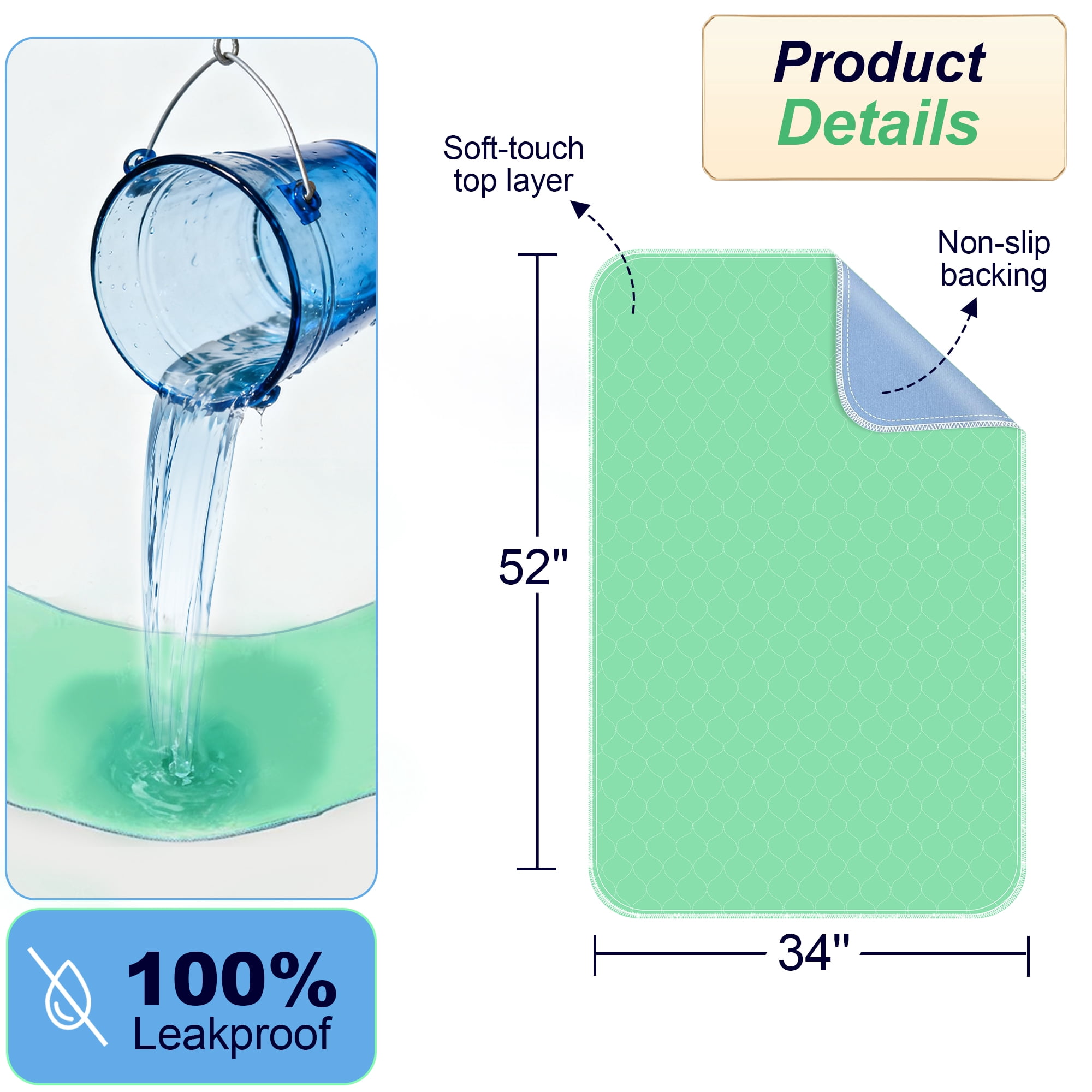 BOKYAN Washable Bed Pads 2 Pack 34"x 52", Reusable Incontinence Underpads with Extra Absorbency for Diaper Changing, Pee Pads, Puppy Pads, Waterproof Floor Protector, Green and Blue