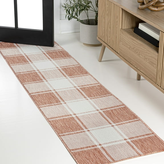 JONATHAN Y TUSCAN SUN 2 x 8 Runner Rug, Sabine Traditional Farmhouse Bold Gingham - Salmon/Cream, TSN203A-28
