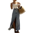 thumbnail image 4 of Women'S High Waist Maxi Denim Skirts Front Split Frayed Raw Hem A Line Casual Long Jean Skirt L, 4 of 8