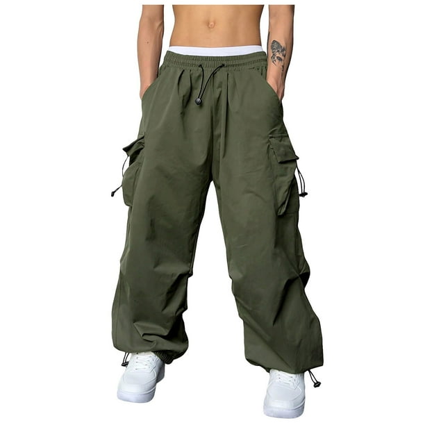 Moxiu Mens Baggy Parachute Cargo Pants Y2k Multi-Pockets Loose Fit