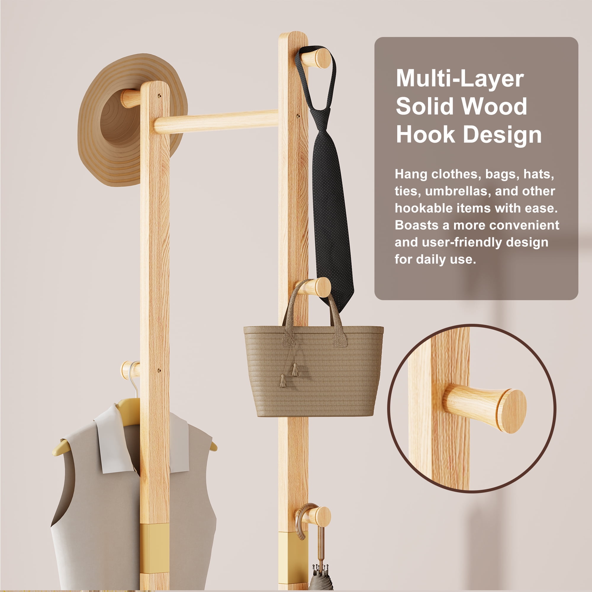 HOQBN Wood Coat Rack,70"H Solid Wood Hall Tree with 5 Hooks & Wood Hanger for Hallway,Living Room,18.9 x 11.8 x 69.63 inches,Natural