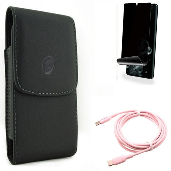 Case Belt Clip w Pink 10ft Long Cable w Privacy Screen Protector for Samsung Galaxy S20 Ultra - Leather Holster Cover, USB-C to Type-C PD Fast Charger Cord, TPU Film [NOT GLASS] fits Galaxy S20 Ultra