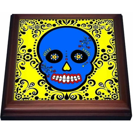 Blue Tile Design - 3dRose Day of the Dead Skull D?a de los Muertos Sugar Skull Blue Yellow Black Scroll Design, Trivet with Ceramic Tile, 8 by 8-inch