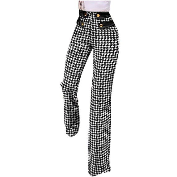 Women's Flare Pants Comfy Stretchy Plaid Print Bell Bottom Pants High Waist Wide Leg Pants Button Full Pants