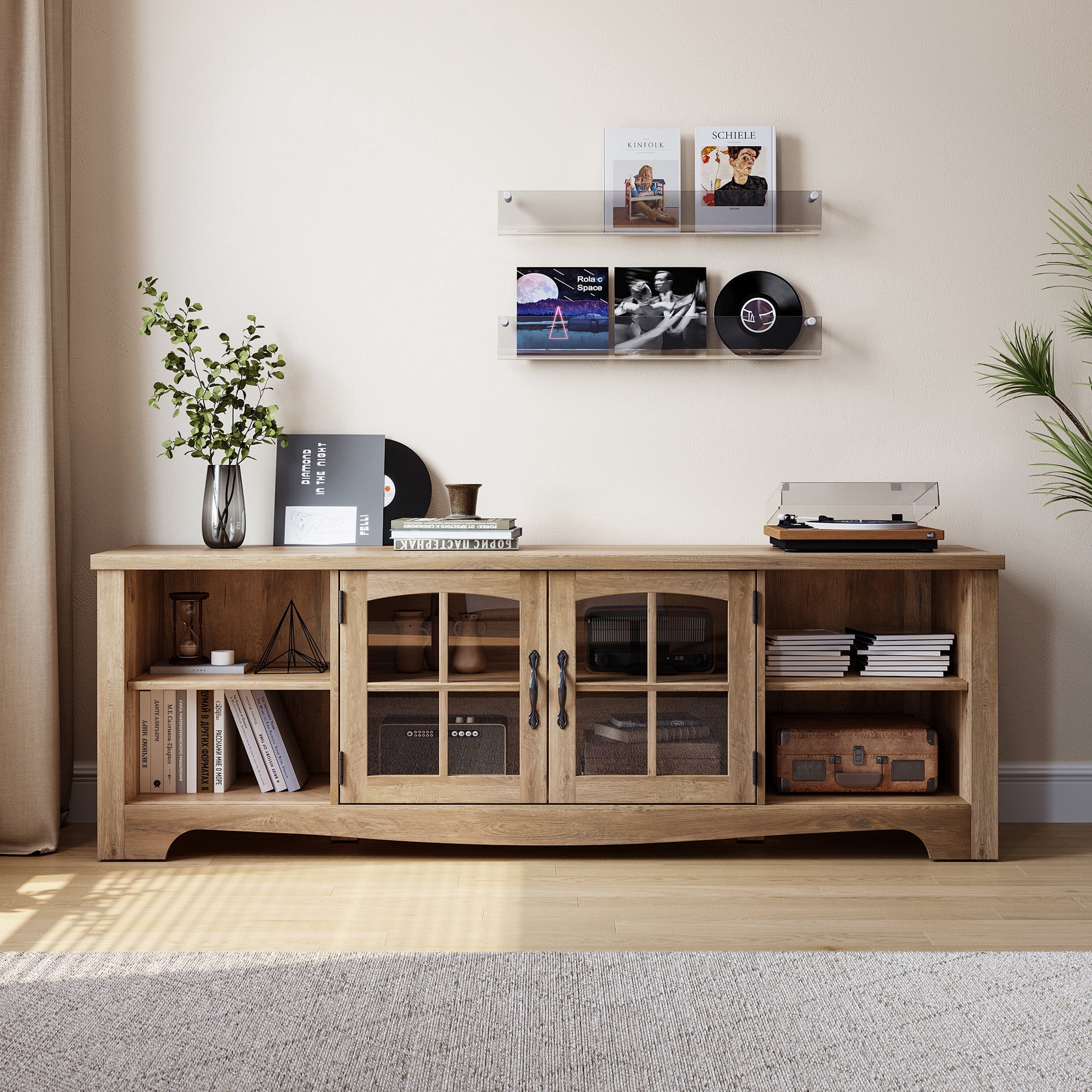 LINSY HOME Modern Farmhouse TV Stand for TVs up to 75", Home Entertainment Center with Storage Cabinet and Adjustable Shelves, Brown