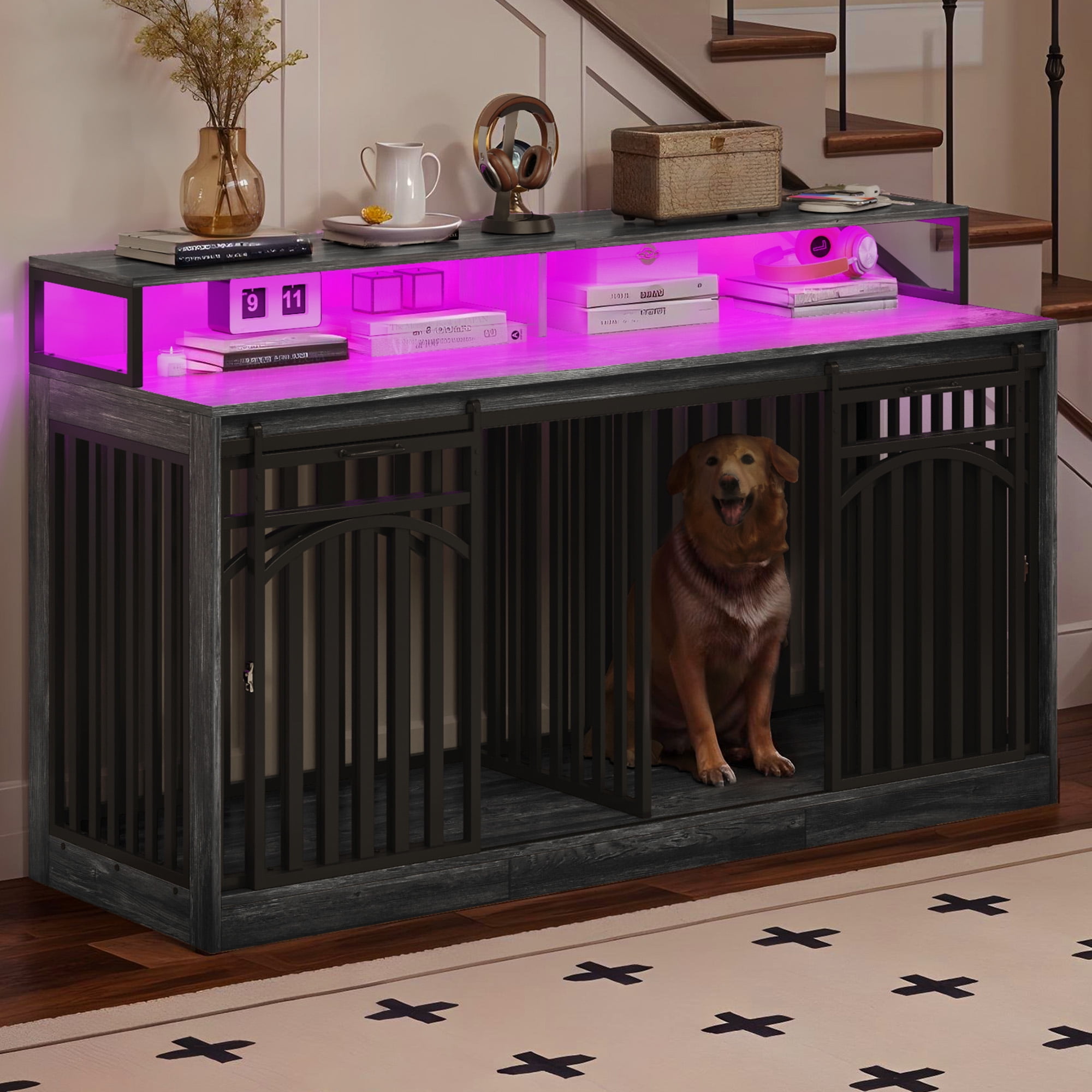 Dextrus 71" Dog Crate, TV Stand with LED Lighting and Power Outlets, Double Door Dog Kennel for Large Dogs, Heavy-Duty Indoor Dog Crate Furniture, Gray Oak