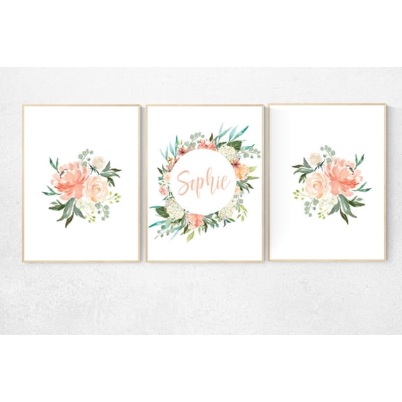 UNFFRAMED Luvia Floral Poster Set of 3 Coral Peach Pink Baby Girl Nursery Decor Name Flower Wall Prints Initial Art Set 3 Prints 8x12