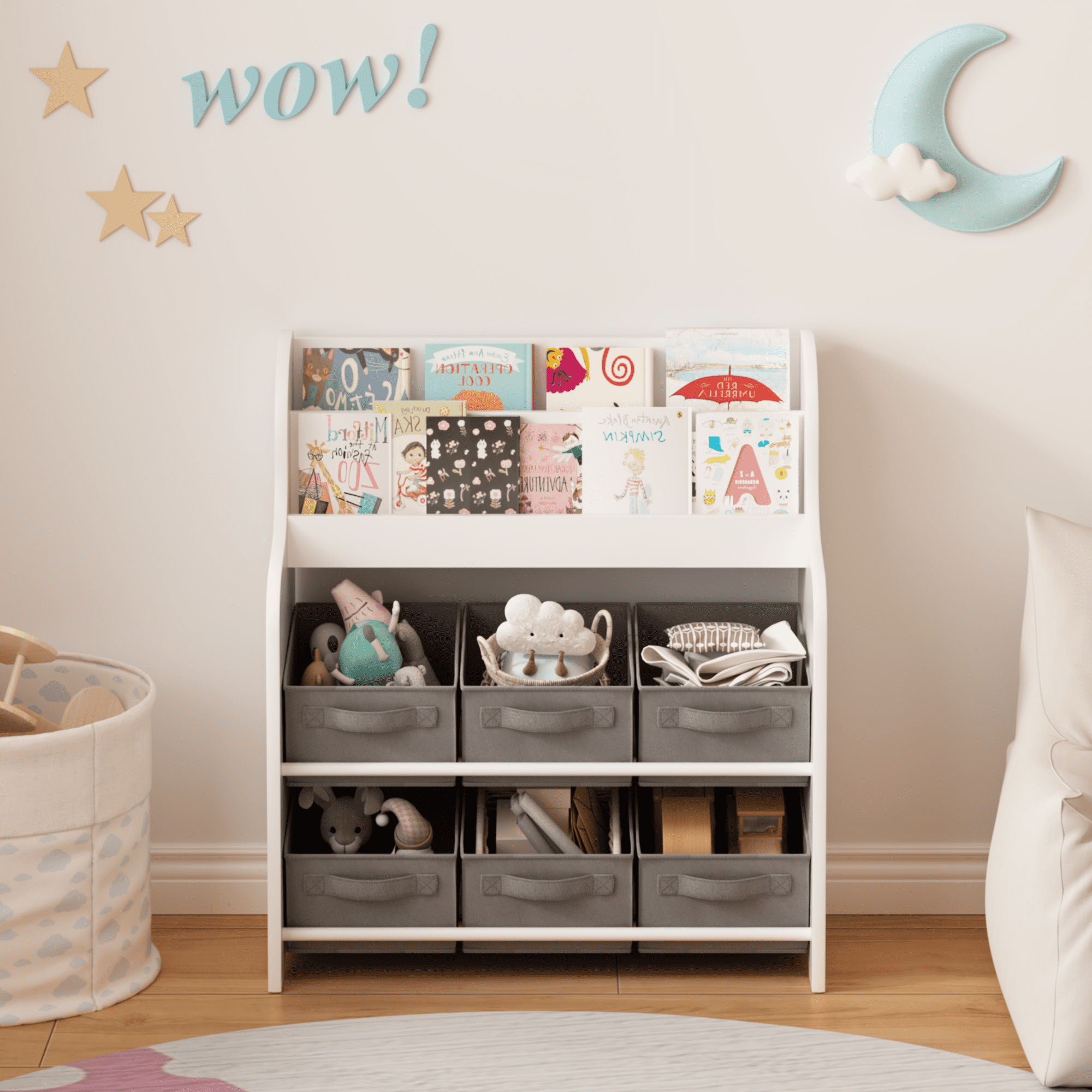 Kids Bookshelf with 6 Fabric Storage Bins, Multi-Functional Children's Bookcase and Toy Organizer, Front-Facing Display Shelf for Playroom, Bedroom or Nursery