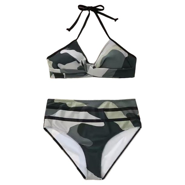 Gibobby Conjunto de Bikini para Mujer Nuevo traje de baño para mujer, moda Retro, estampado de , Sexy, cuello colgante, Bikini dividido, traje de baño(Camuflaje,CH)