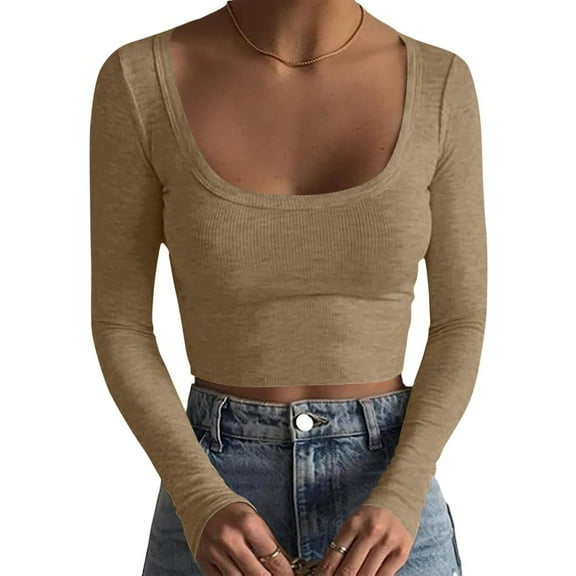 JUSLIO Fall/Winter Tops for Women Knit Solid Shirts Fashion Long sleeve Round Neck Shirts Army Green L