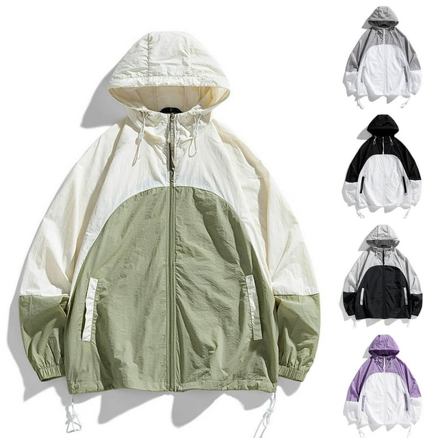 Sentmoon Mens Sun Shirts UPF protection Long Sleeve Hooded Neck Workout Tank Tops Zipper Color Block Relaxed Boys Rashs Guard Trendy Summer for Beach Vacation XXXL