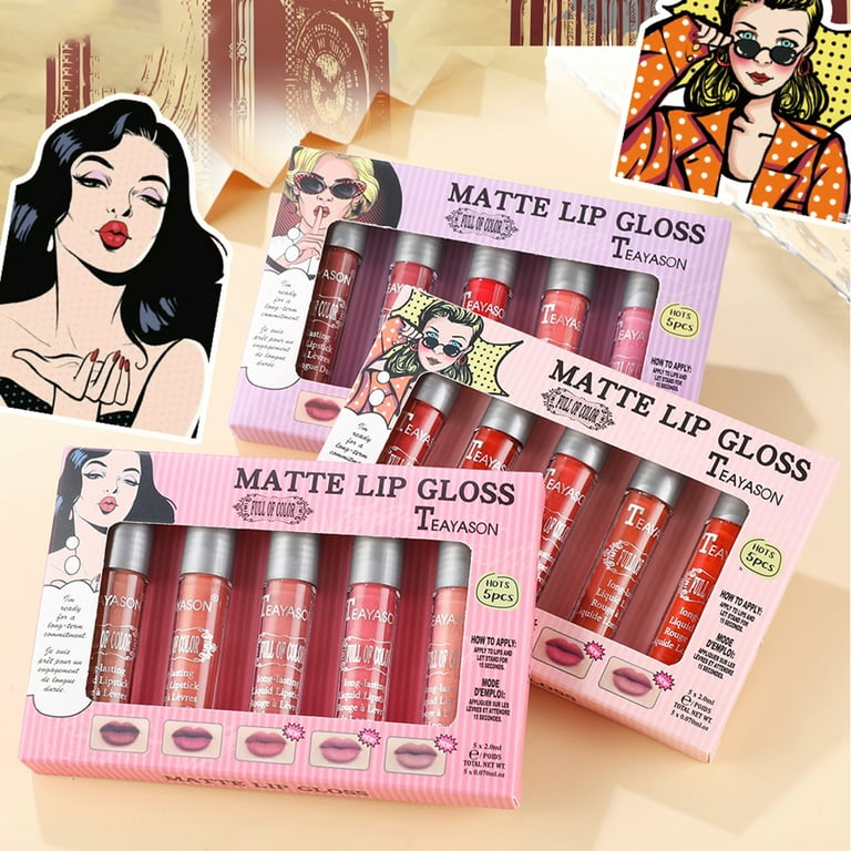 Decor Store 5Pcs/Set 2ml Lip Gloss Non-Stick Matte Effect Natural Long-Lasting Matte Mini Makeup Liquid Gloss for Women, Size: 1 Set of Lip Gloss(5Pcs