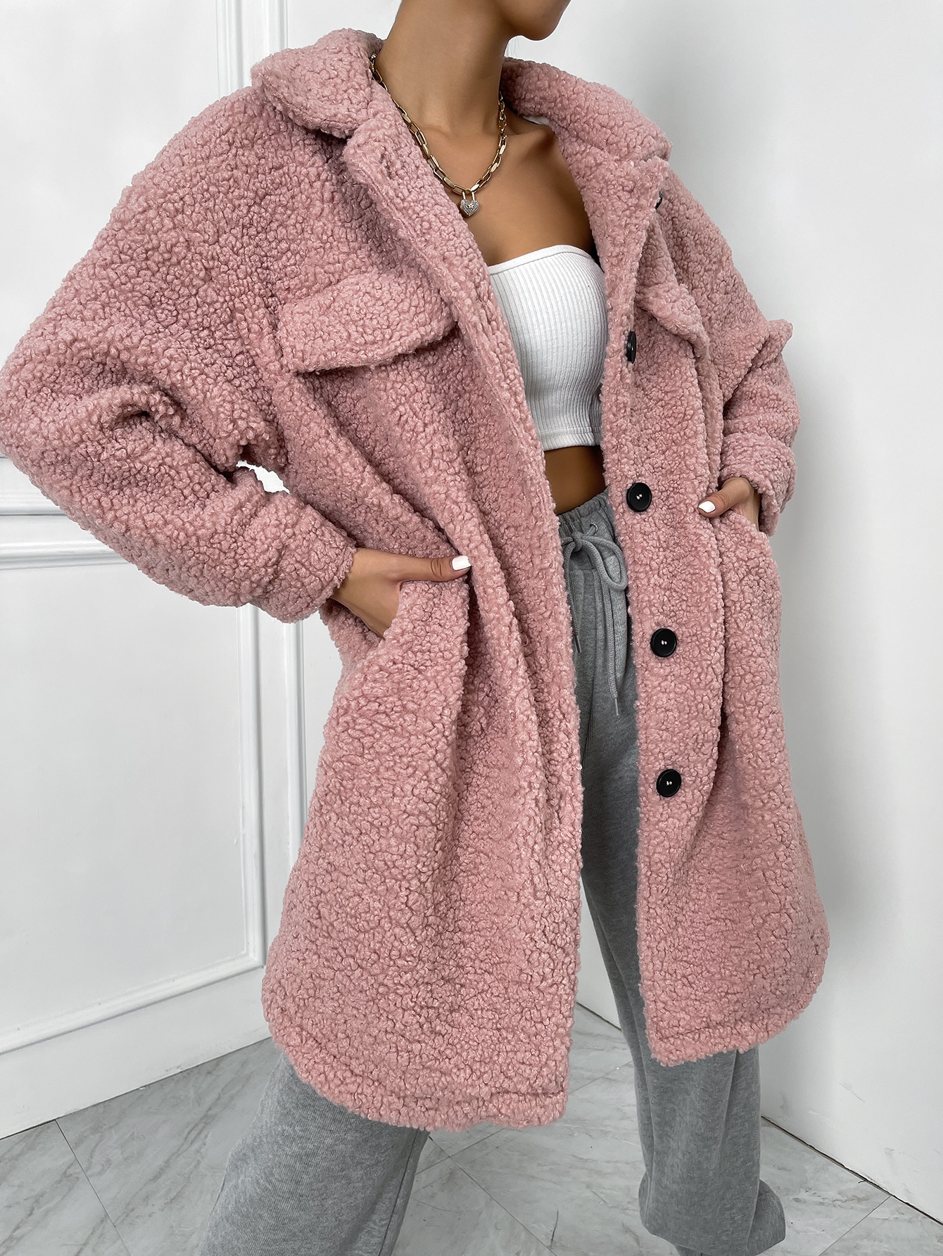 pink short teddy coat
