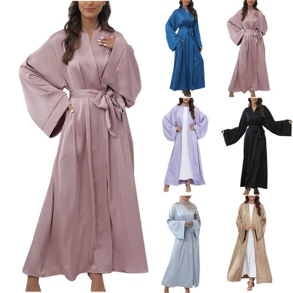 Bovxnpu Long Sleeve Dress for Women, Women Long Sleeve Dress Plus Size V Neck Open Front Dress with Drawstring Side Pockets Spring Fall Outfits