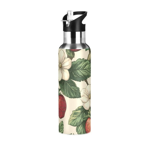 Yayeee 20oz Insulated Water Bottle Double Wall Stainless Steel with Flip Straw Lid, Beige Strawberry