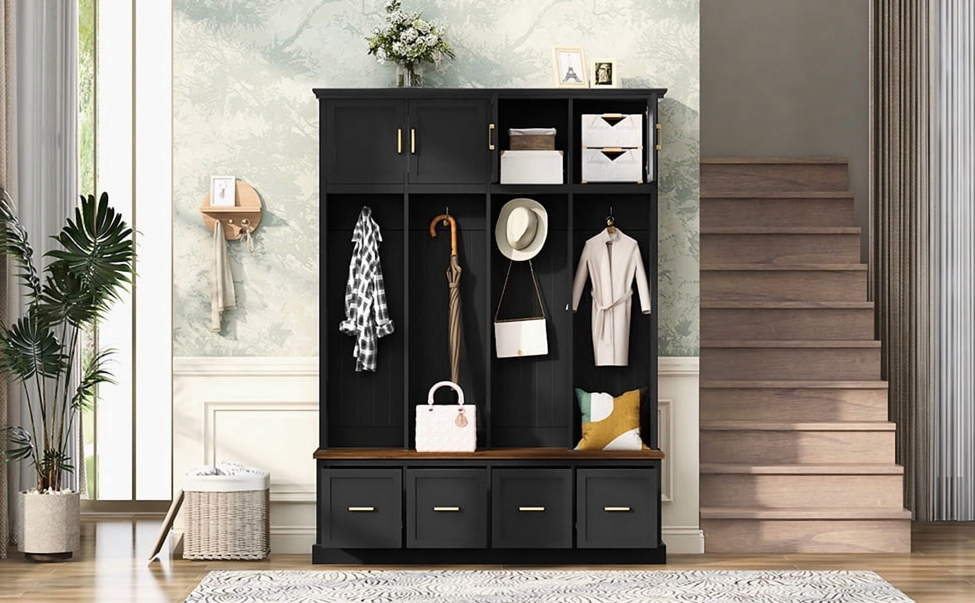 Mintazer 78” Tall Farmhouse Entryway Hall Tree with Coat Rack Hooks, Cabinets, Drawers & Shoe Storage Bench for Living Room, Bedroom, Hallway, Black