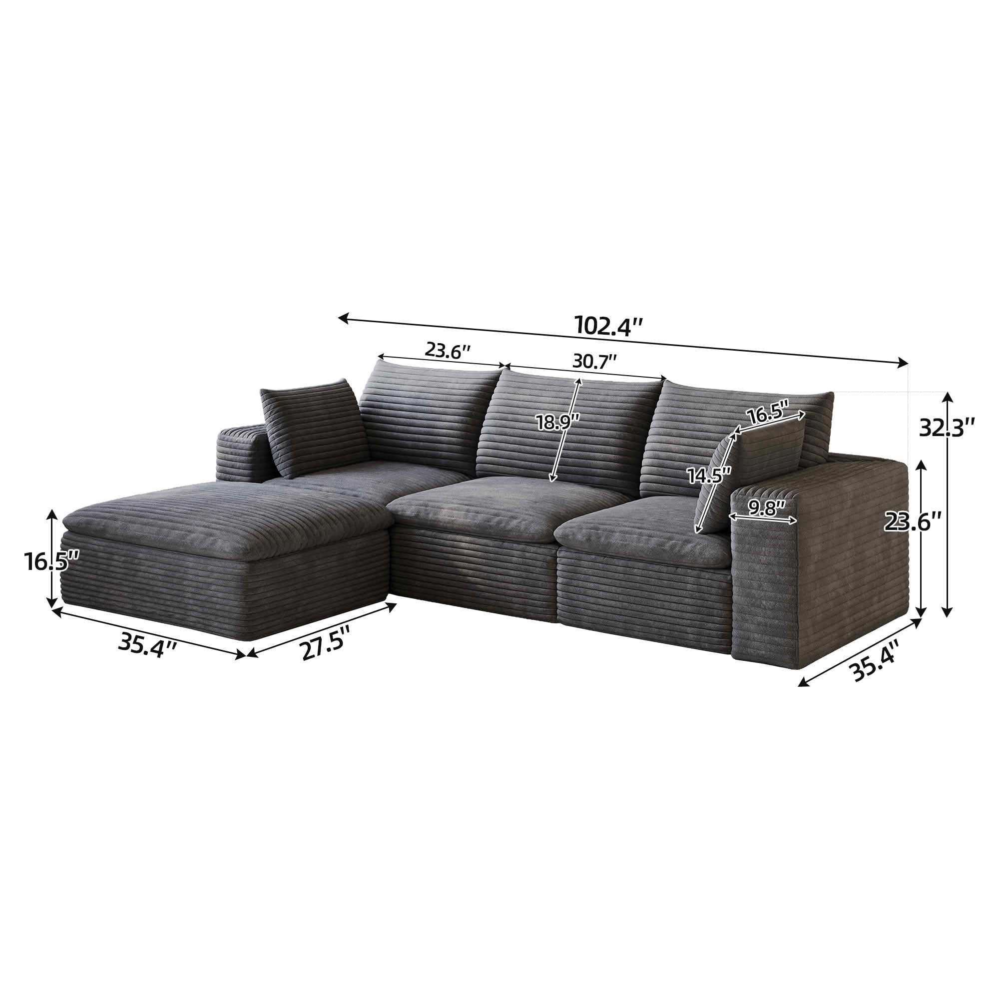 MAYEERTY 102" Corduroy Cloud Sofa, Modular Deep Seat Couch with Removable Cushion, Double-Layer Design, No Assembly Leisure Sofa for Home & Office