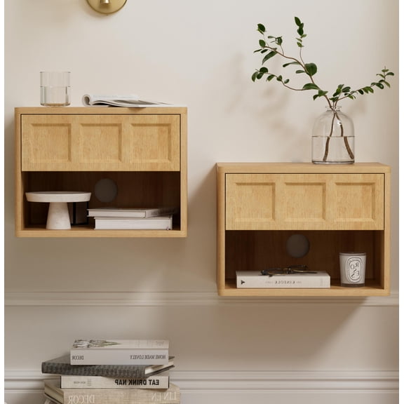 Joyyskill Farmhouse Floating nightstands Set of 2, Small Wall Mounted Storage Cabinet with Open Shelf, Wood Bedside End Table for Bedroom, Natural Oak