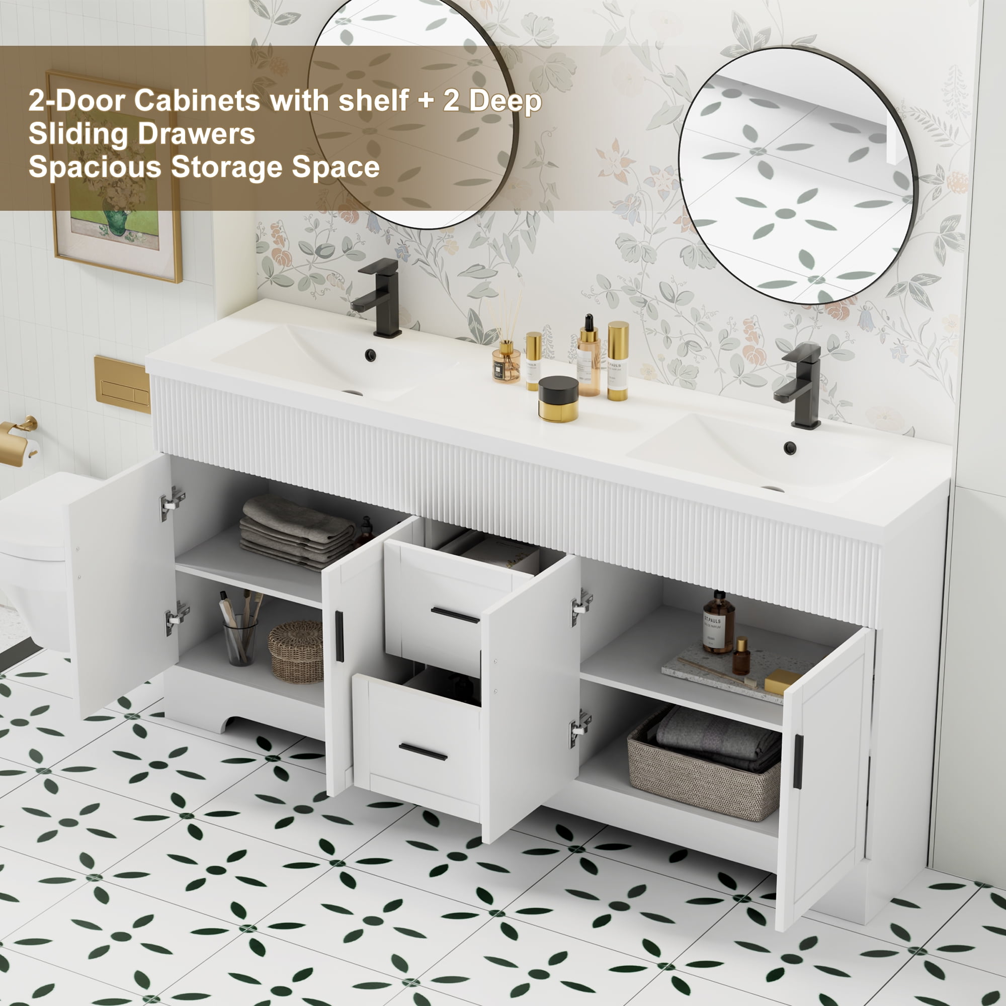 72" Freestanding Double Sink Bathroom Vanity Cabinet Base Only, Hand-Painted, Sink Not Included