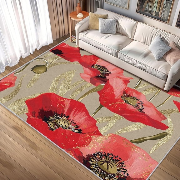 Red Poppy Flower Area Rugs, Blooming Floral Carpet, Washable Non Slip Low Pile Soft Rug for Entryway Living Room Bedroom Decor Mat 2x3ft