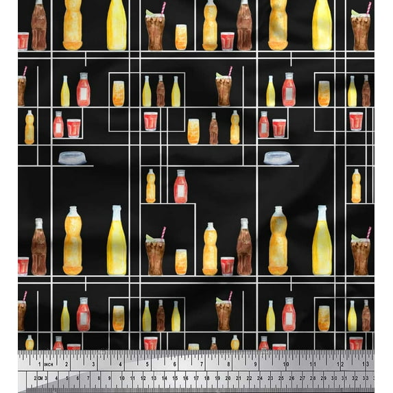 Soimoi Black Modal Satin Fabric Bottle & Glass Kitchen Fabric Prints By Yard 42 Inch Wide