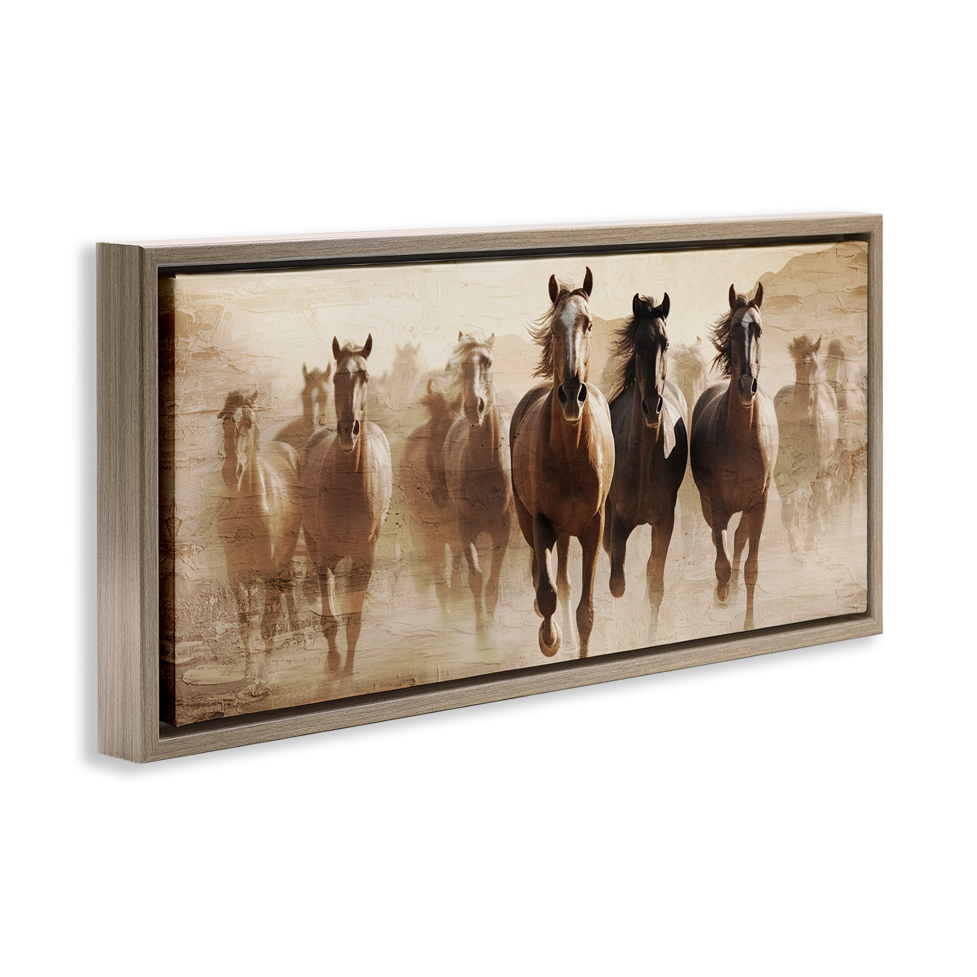 Stupell Industries Rustic Layered Gallop Animals Painting Brown Floater Framed Canvas Art Print Wall Art, 25 x 11