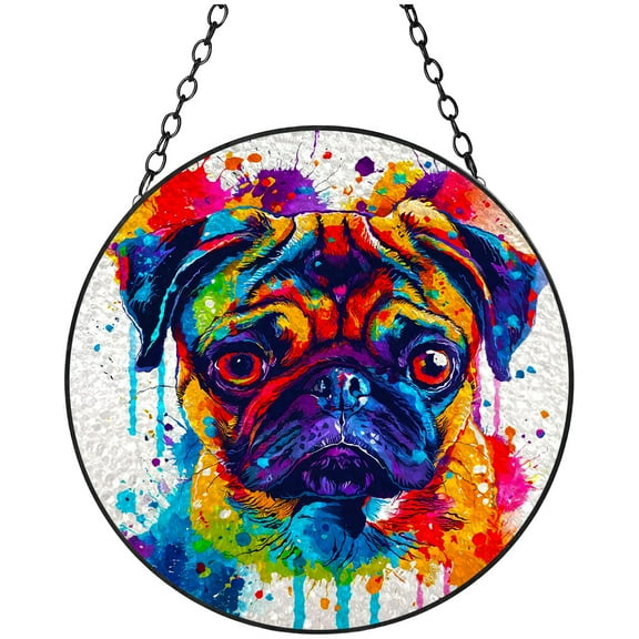 Watercolor Cute Pug Dog Stained Glass Suncatcher Handmade Window Hanging Colored Glass Suncatcher Crafts Kits for Indoor Garden Decor Memorial Gift 16x16cm(2)