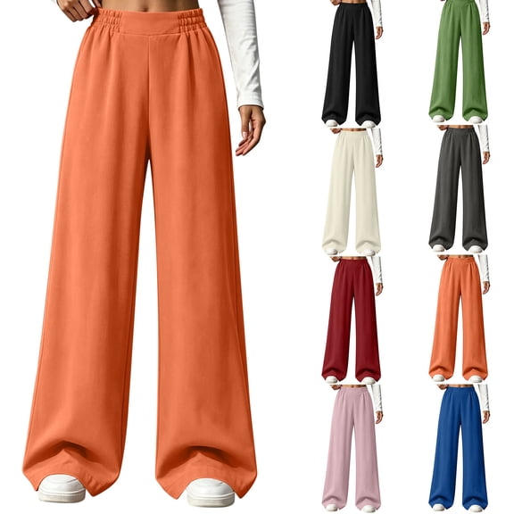 LEAVINGSUO Wide Leg Pants for Women Solid High Waist Elastic Sweatpants Casual Loose Flowy Workout Pants With Pocket Black S