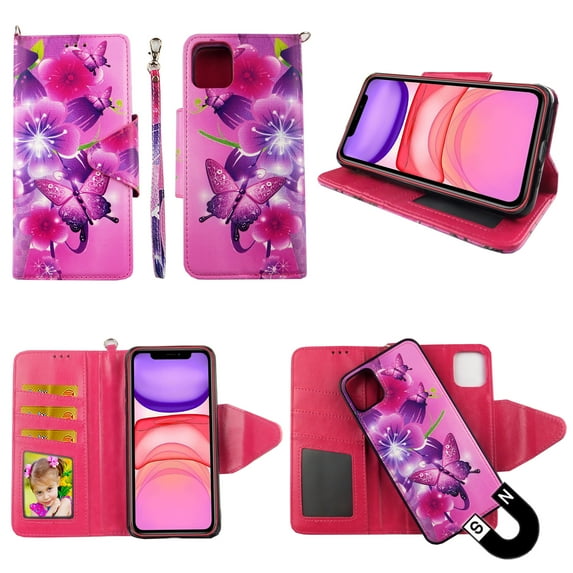 Pink Flower Butterfly Case for Iphone 11 Pro MAX Magnetic Detachable Hybrid Shock-Proof 2 in 1 Pu Leather Wallet Cover Folio Flip Kickstand Snap-on Book Style Cases Card Slots Wrist Strap