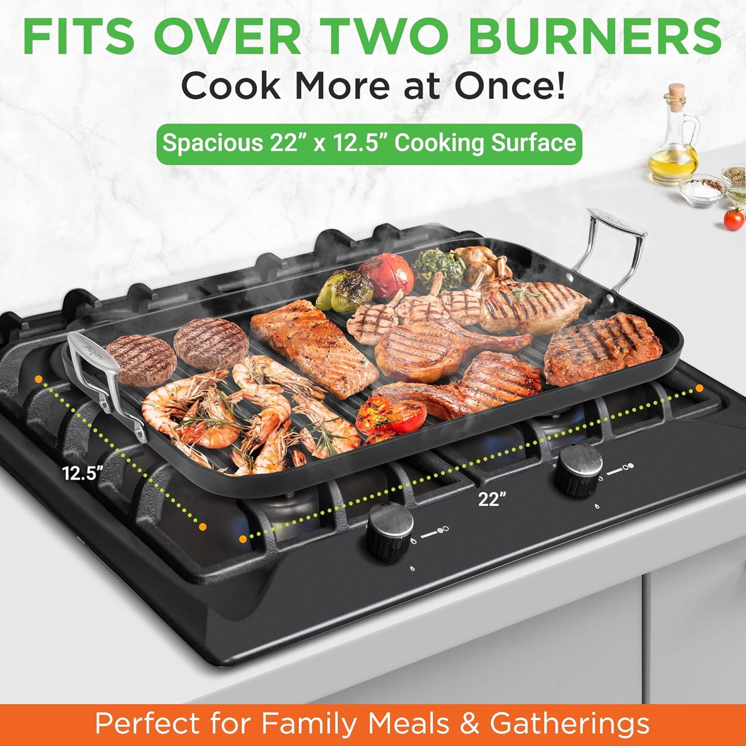 Nonstick Stove Top Grill Pan Need two Burners 20" & 13" Hard-Anodized Non stick Grill & Griddle Pan - Kitchen Cookware ,High Ridges, Strong Riveted Handles, Cool Touch Handles