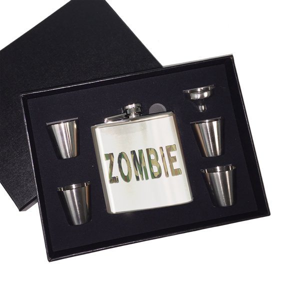KuzmarK 6 oz. Stainless Steel Flask Set in Black Presentation Box -  Zombie Camoflauge