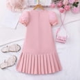 thumbnail image 5 of Ulitacool Girl Dress Puff Sleeves Shirt Dress With Bow Detail Solid Color Ruffle Hem Summer Crewneck Dresses Leisure Clothing 9-10 Years Pink, 5 of 8