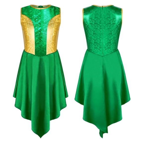 Aislor Girls Praise Dance Tunic Dresses Sleeveless Zipper Color Block Metallic Bodice Asymmetrical Hem Dress Green 6
