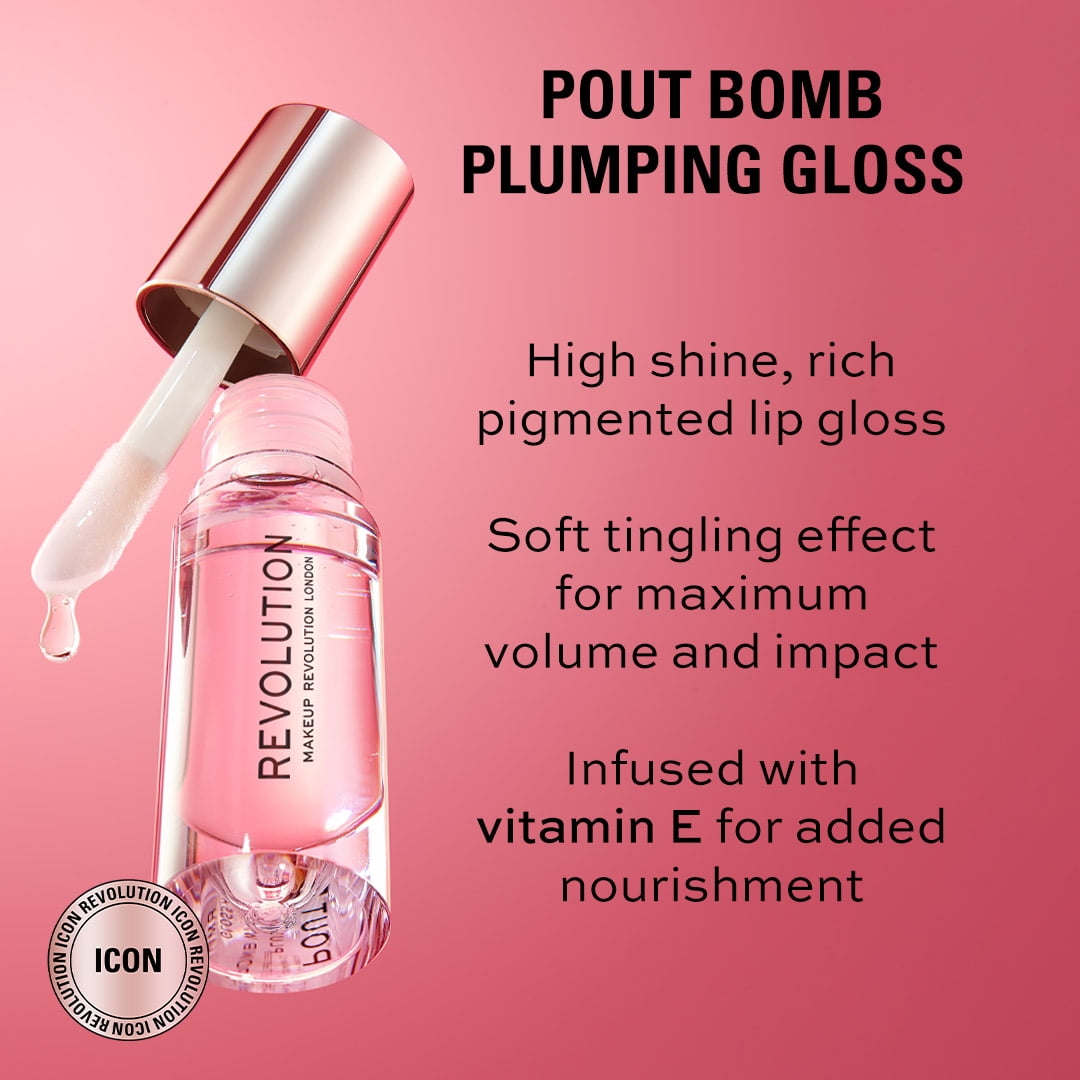 Revolution Pout Bomb Plumping High-Shine Lip Gloss with Vitamin E, Kiss Nude