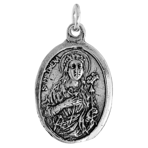 Sterling Silver St Philomena Medal Pendant Oxidized finish Oval 7/8 inch