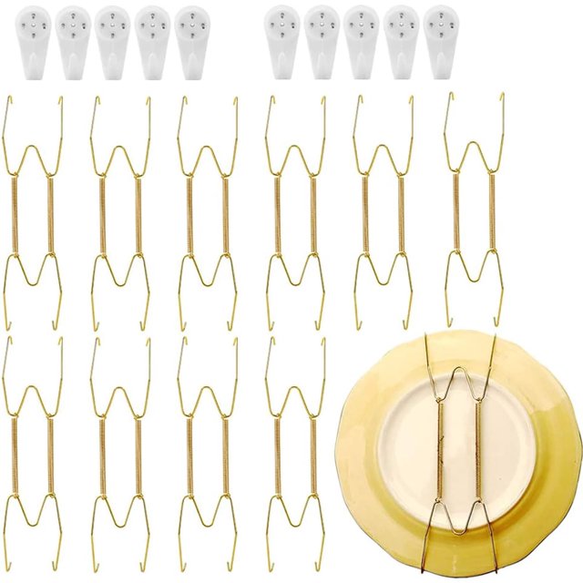 10pcs soportes de placa de pared decorativos soporte de placa de pared de oro de acero inoxidable con 10pcs ganchos de pared para colgar placas dormitorio artes sala de estar restaurante