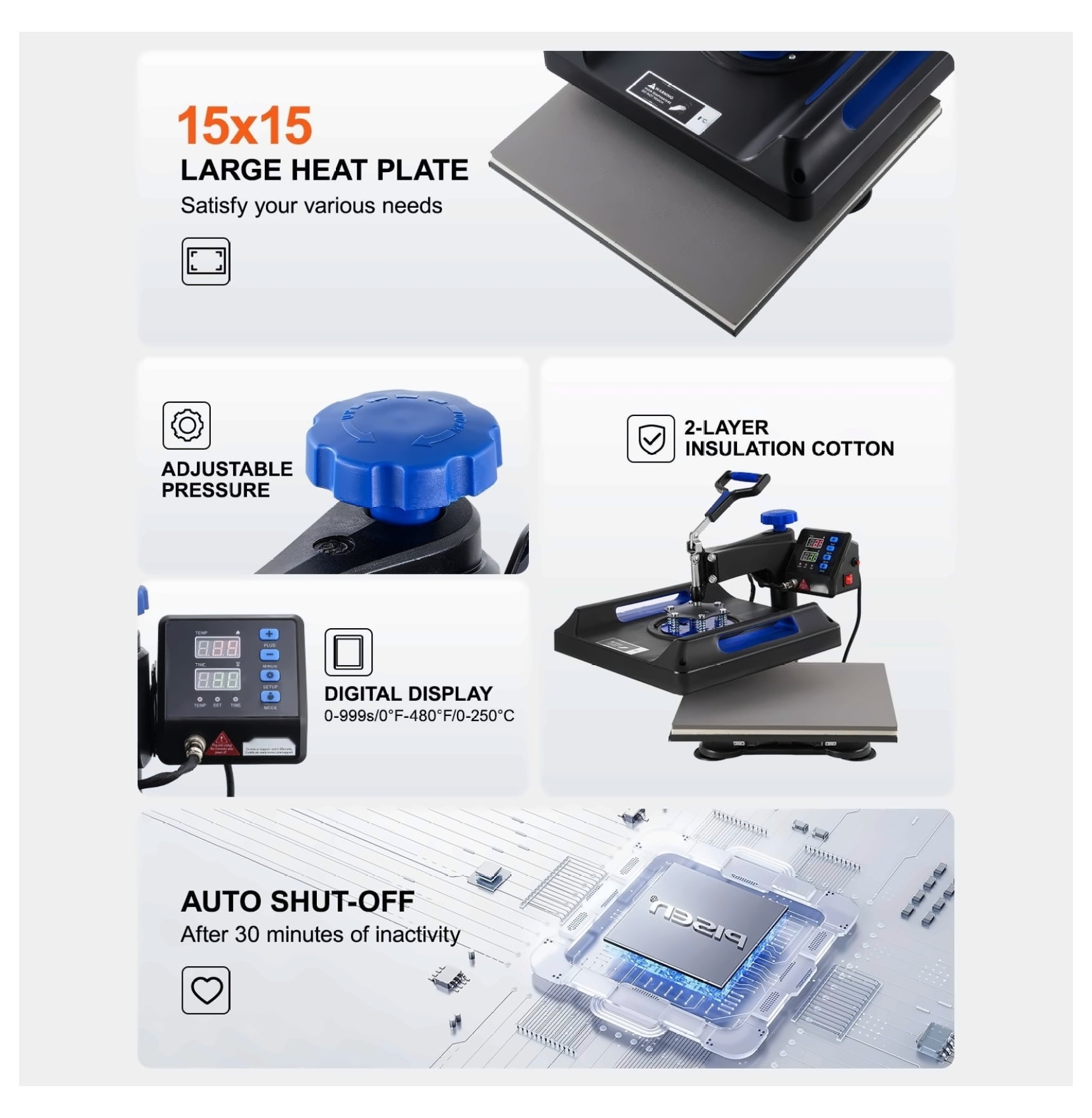 Heat Press Machine 5 in 1, 15x15 in, 30oz Tumbler Press for T-Shirts, Mugs, Hats, Pillowcases, Ceramic Plates, Black & Blue