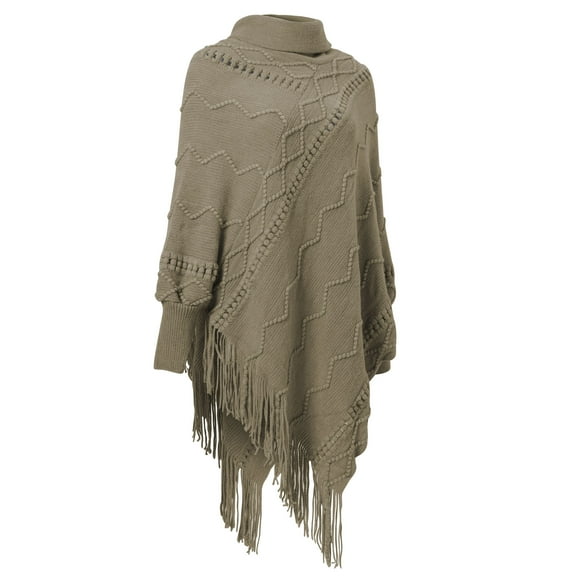 Turtleneck Poncho Cape Shawl Knitted Sweater Wrap Pullover Top Coat with Fringes Hem for Women