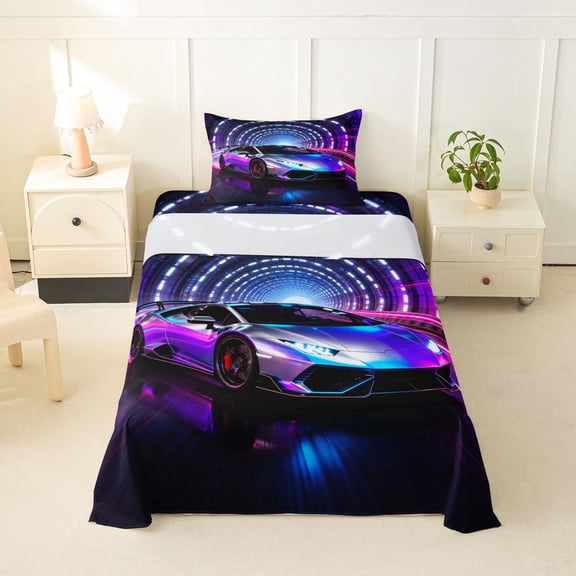 Castle Fairy Neon Sports Car Twin Sheet Sets 3pcs for Teens, Tunnel Light Speed Bedding for Bedroom, Purple Blue