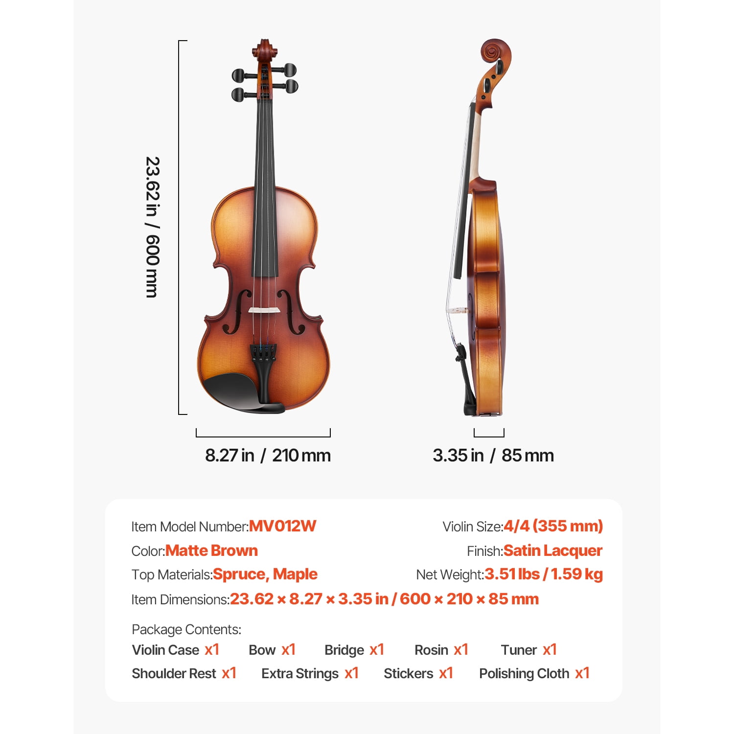 KFFKFF 4/4 Full-Size Violin for Adults, Complete Beginner Set with Case, Bow, Rosin, Shoulder Rest, Bridge, Extra Strings, Solid Wood Instrument (Matte Brown)