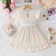 thumbnail image 4 of FAOWME Girls Summer Striped Flutter Sleeve Dress With Ruffled Hem & Adjustable Waist Belt Casual Round Neck Beachwear Beige 3-4 Years, 4 of 7