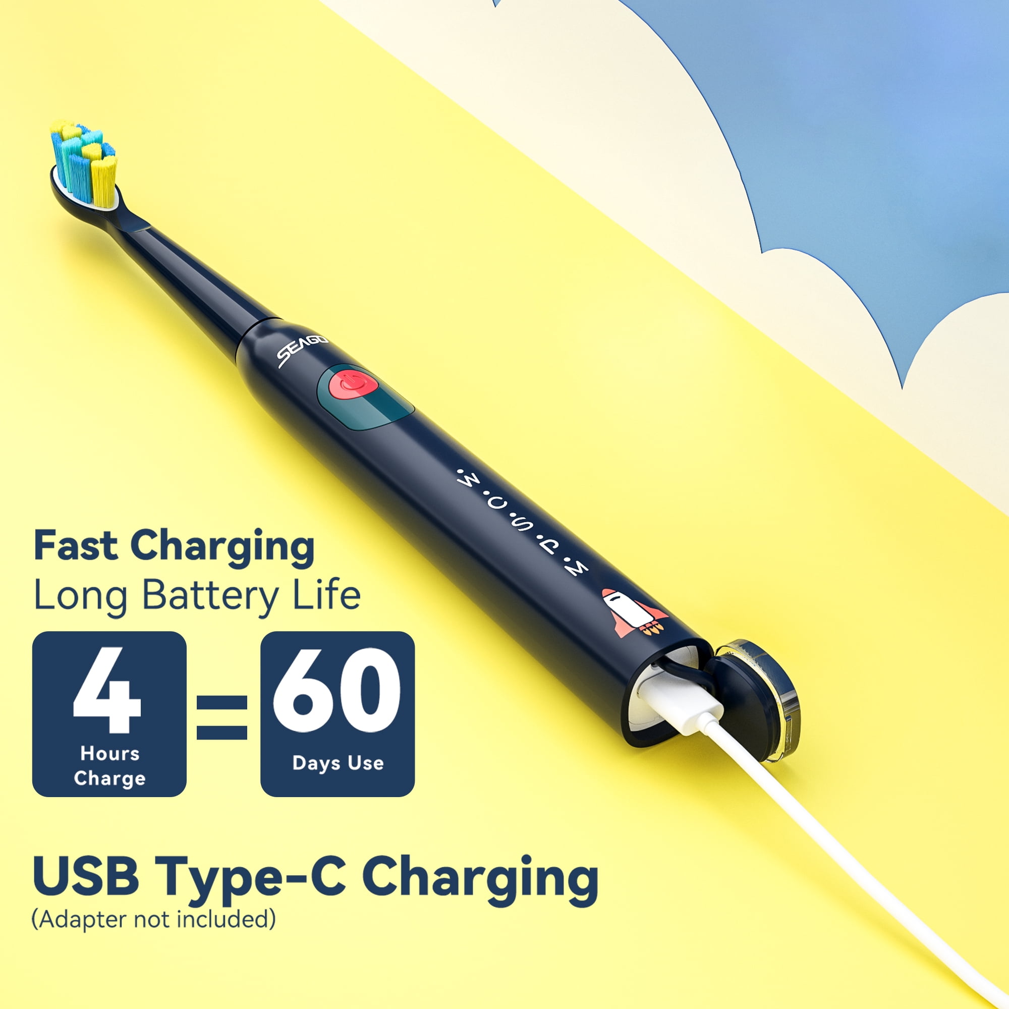 Seago Sonic Kids Rechargeable Electric Toothbrush,SG-2303Navy Blue,DIY Stickers,8 Soft Brush Heads,5 Modes, for Kids 6-12
