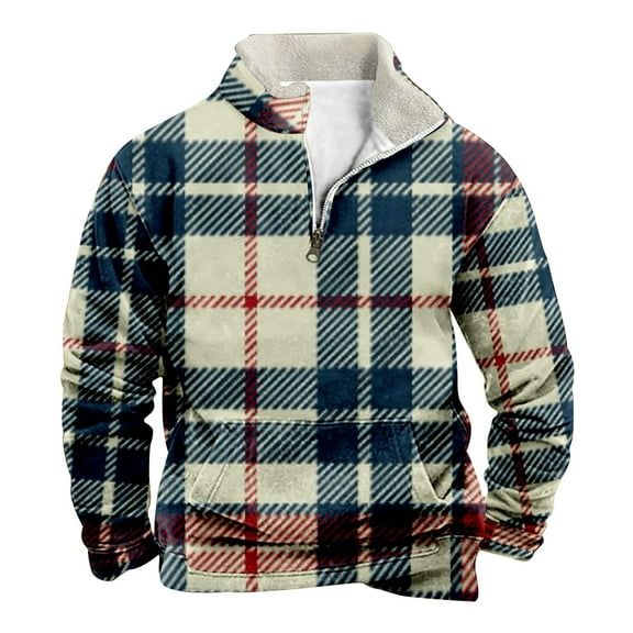 XIAOCHA Men's Fleece Plaid Sweatshirts Quarter Zip Pullover Sweatshirt Fall Winter Warm Cozy Top With Pocket