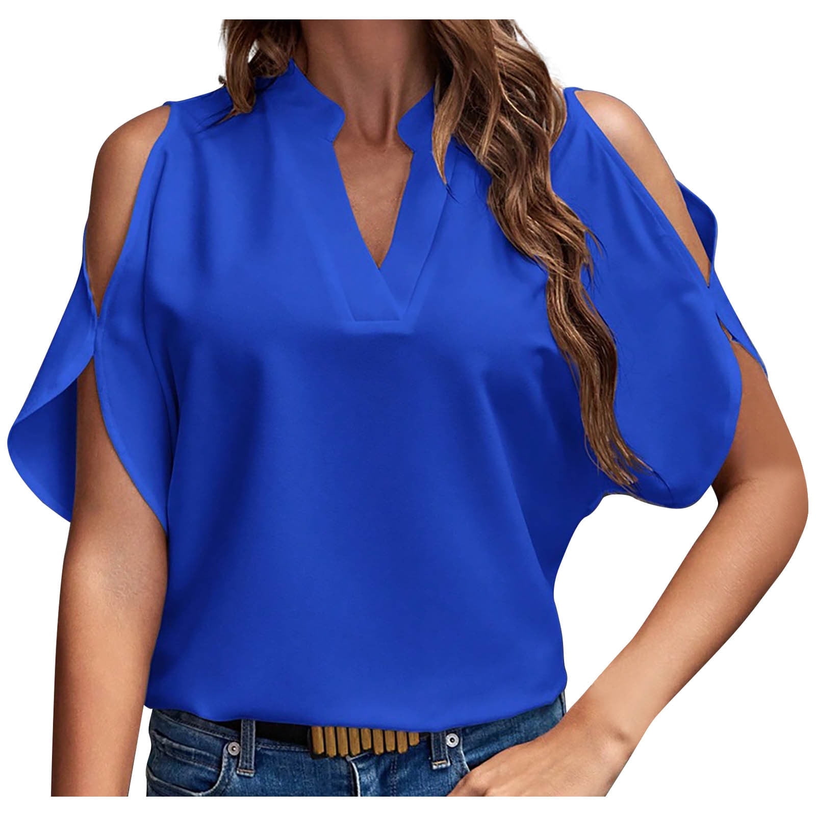 WREESH Womens V-Neck Cold Shoulder Tops Loose Solid Summer Shirts