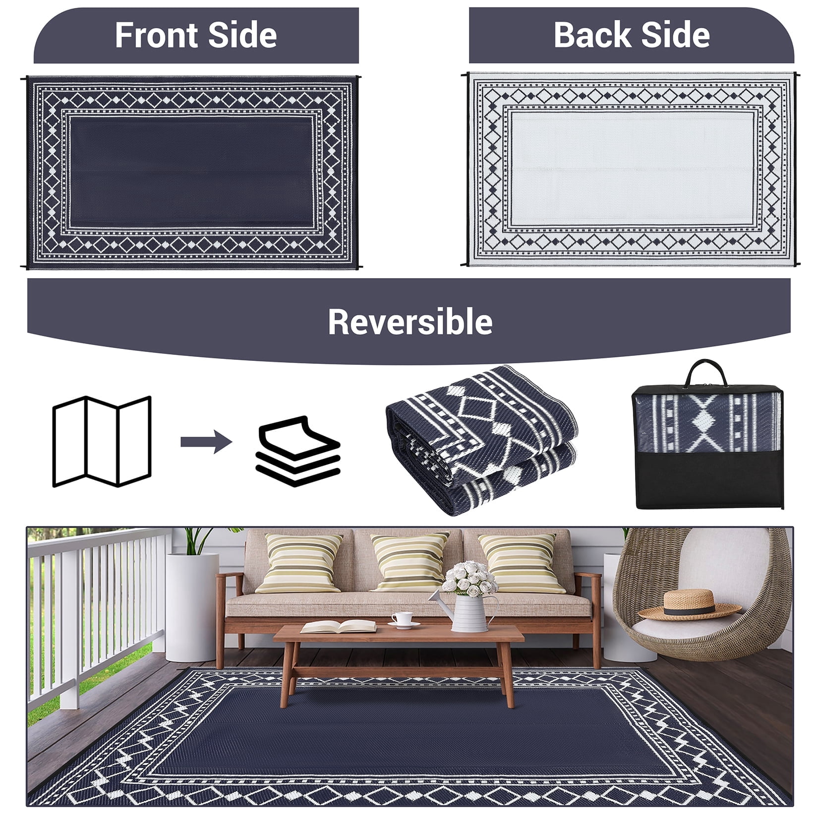 Memoryfield Outdoor Rug 8' x 10' Waterproof Patio Rug, Reversible Plastic Outside Carpet for RV Camping Deck Balcony Porch, Dark Blue