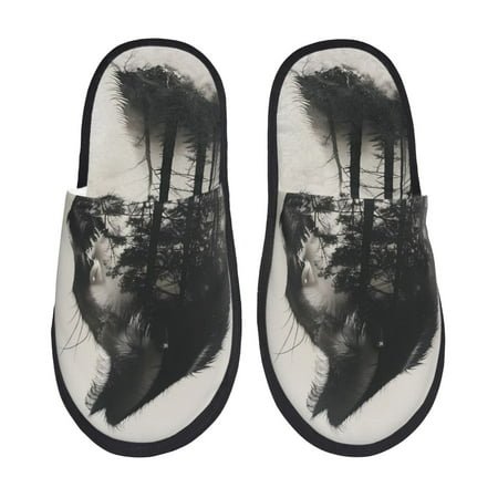 Balery Double Exposure Cat Forest Slient Indoor Furry Fleece Comfort House Shoes Soft Non-Slip Home Shoes Cotton slippers House Slippers-- Large