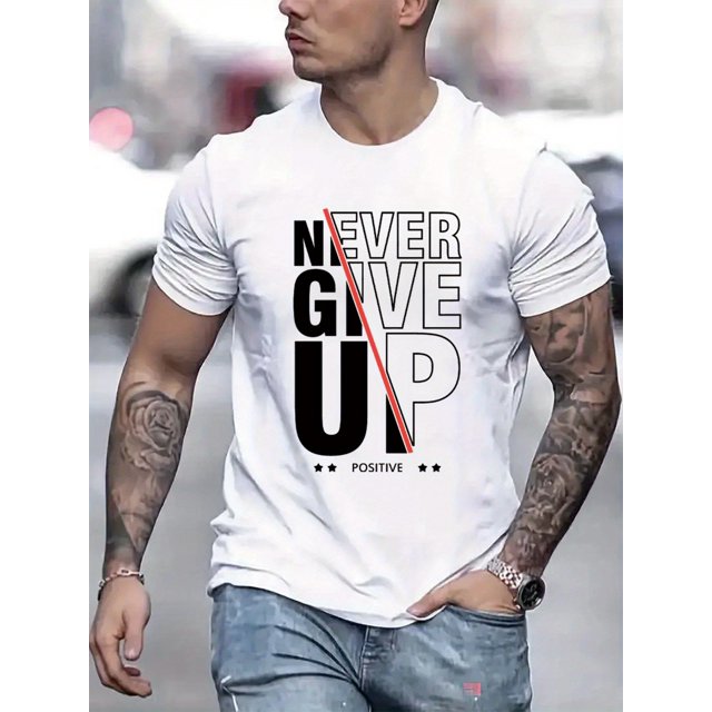 Never Give Up Print Men's Short Sleeve T-Shirts, Comfy Casual Elastic Crew Neck Tops For Men's Outdoor Activities