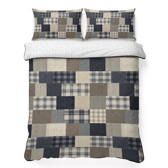 Quilts King Size Bedding Set, Navy Blue Checked Lightweight Quilted Comforter, Farmhouse Patchwork Plaid Gingham Soft Reversible Bedspread Coverlet with Pillow Covers for All Season, 96" x 106"