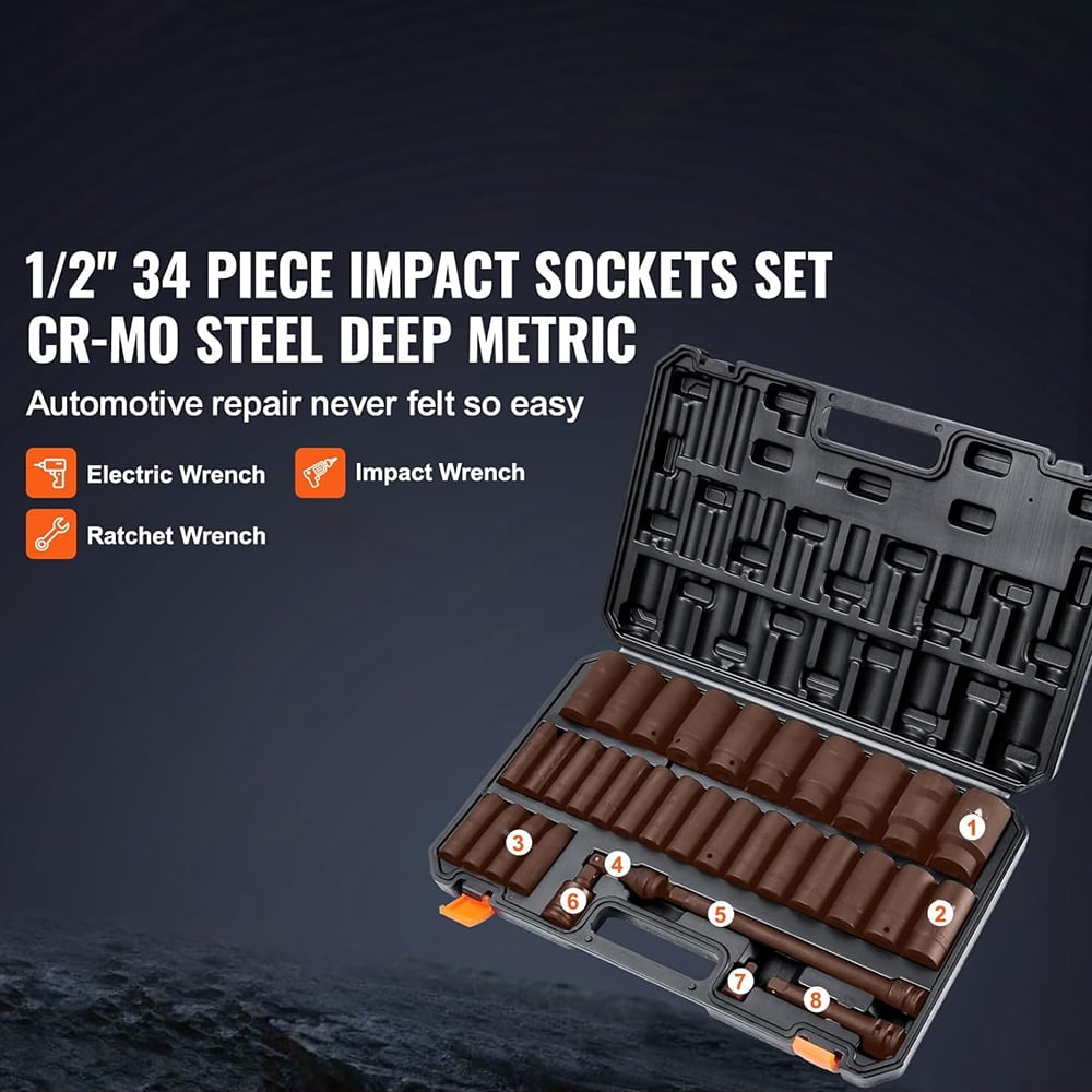 1/2" Drive Impact Socket Set, Socket Set Metric 8-36mm, 6 Point Cr-MO Alloy Steel with Storage Case for Indoor, Home Improvement, Auto Repair, Rugged Construction, 34 Piece, Black